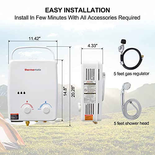 Propane Water Heater Tankless, thermomate 1.32GPM Outdoor Portable Gas Water Heater, On Demand