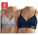 DKNY Women's Energy Seamless Bralette Everyday Comfort - 2 Pack (Small, Blue- Pinstripe Grey)