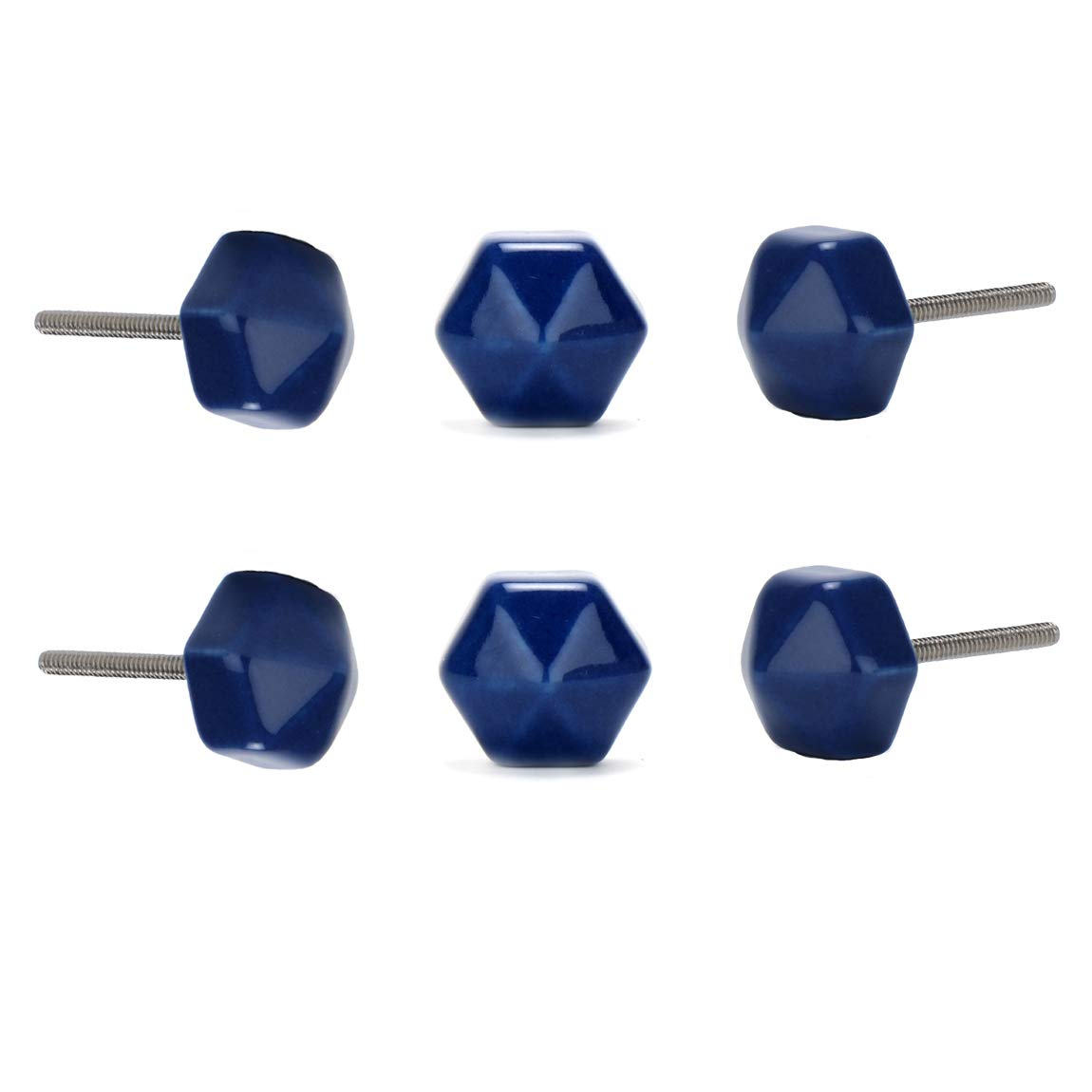 Perilla Home Set of 6 Geometric Blue Ceramic Knob Hexagon Small Knobs Kitchen Cabinet Cupboard Glass Door Dressser Wardrobe and Drawers Pull Knob