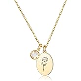 JRLCTECH Birth Flower Necklaces for Women, 18K Gold Plated Dainty Birthstone Pendant Necklaces Trendy Handmade Oval Coin Birth Month Flower Jewelry Birthday Gifts for Women Girls Teens