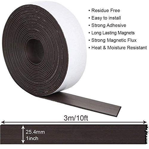 Flexible Magnetic Tape - 1 inch x 10 Feet Magnetic Strip with Strong Self Adhesive - Ideal Magnetic Roll for Craft and DIY Projects - Sticky Magnets for Fridge and Dry Erase Board, Pack of 2