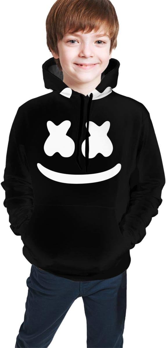 FVKJorepofd 3D Marshmellow DJ-Smile Hooded Sweatshirt Teen Fashion Hoodie Pullover for Boys Girls (Black, L(14-16))
