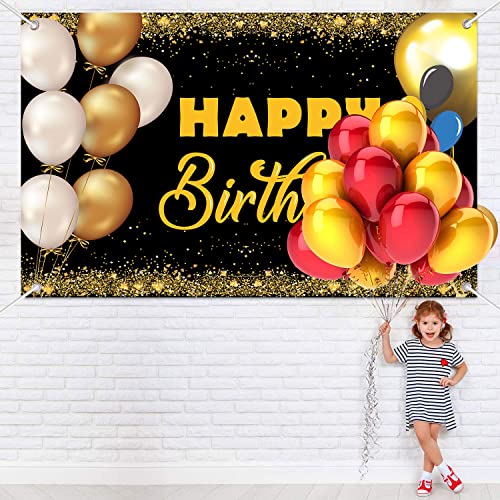 Happy Birthday Backdrop Banner 5.9x3.9 FT Extra Large Black and Gold Sign Poster for Birthday Anniversary Party Decoration Supplies, Style B