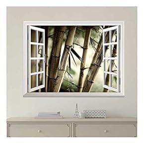 Modern White Window Looking Out Into Large Sepia Bamboos - Wall Mural, Removable Sticker, Home Decor - 24x32 inches