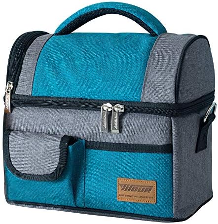 Grey and Turquoise Lunch Box Insulated Lunch Tote Bag with Shoulder Strap and Waterproof PEVA Pack Reusable Double Deck Cooler for Men and Women