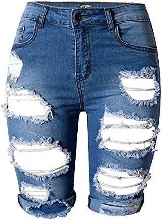 WEIYAN Womens High Waist Denim Destroyed Holes Bermuda Shorts Jeans Blue L
