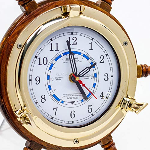 14" Authentic Nautical Time Tide Clock Porthole Ship Wheel Navy