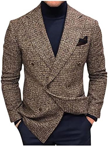 Mens Clasic Fit Plaid Suit Blazer Jacket Double Breasted Blazer