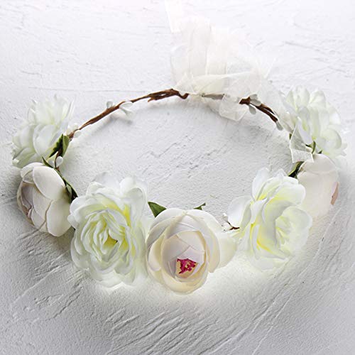 Flower Crown Headband Rose Wreath Garland Hair Bands Floral Wedding Bridal Hair Hoop Women Girls Leaf Ribbon Party Decoration Headdress Headwear Christmas Handmade Headpiece Hair Accessories White