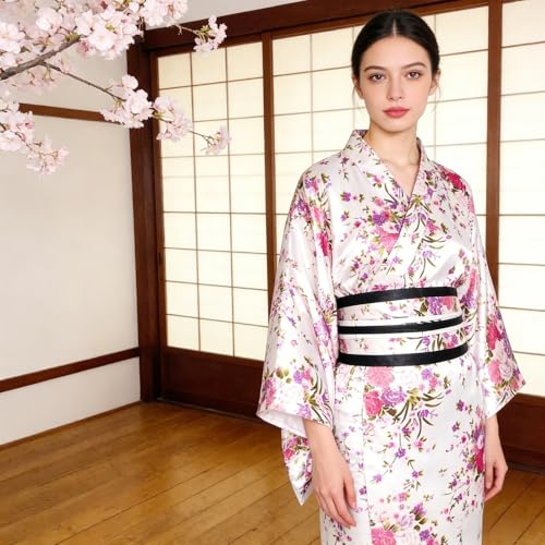 CRFASIBE 5 Pieces Long Kimono for Women, Japanese Kimono Robes with Sakura Print, Gift Set Japanese Cosplay Costume with Accessories | Japonés Style Yukata con Estampado, Disfraz de Cosplay con Accesorios, Ideal para Carnaval, Fiestas y Celebraciones