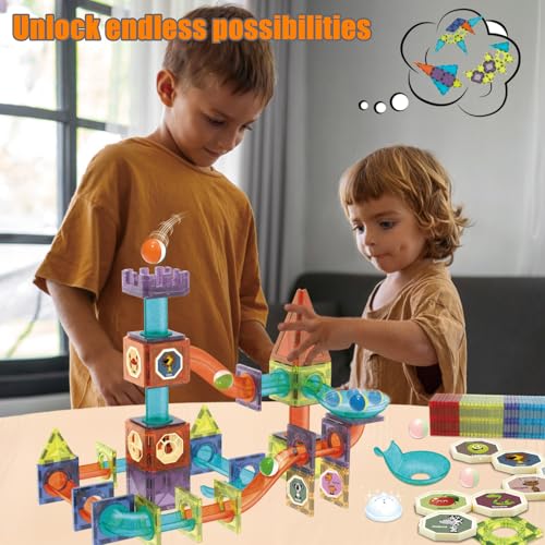 Magnetische Bausteine 144 Teile mit LED-Beleuchtung und Magnetkugelbahn,STEM Montessori-Lernspielzeug für kreatives Bauen,Pädagogisches Kindergeschenk ab 5 Jahren