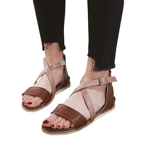 Moserian Damen Sommer Peep Toe Beach Atmungsaktive Flache Schnalle Sandalen Rom Schuhe