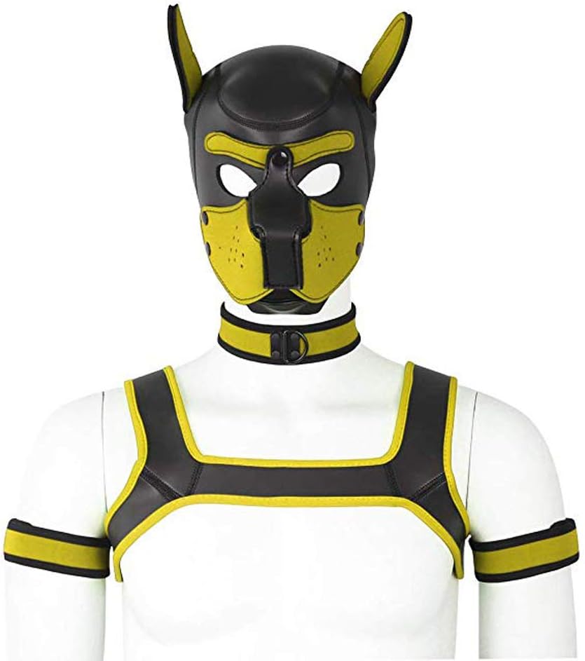 Minvy 4 Set 2 Size Neoprene Puppy Hood Custom Animal Head Mask Novelty Costume Dog Hood Mask,Collar,Armband And Harness (Yellow, L)