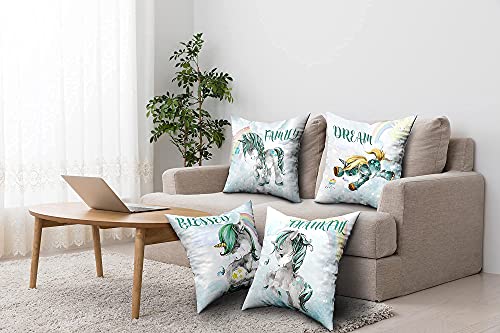 Throw Pillow Covers,Teal Unicorn Pillowcase,Decorative Pillows,Outdoor Pillow Covers, Pillow Covers 18x18,Throw Pillows,Couch Pillows,Unicorn Pillows,Unicorn Decor for Girls Room,Bed Gifts Set of 4