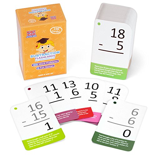 Subtraction Math Flash Cards with Word Problems - 196 Self-Checking Cards, All Minuends 0-18 for Early Grade Teaching by Pint-Size Scholars