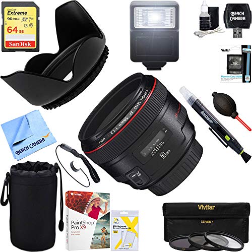 Click Here to See More.. Canon (1257B002 EF 50mm f / 1.2L USM Lens with Case and Hood + 64GB Ultimate Filter & Flash Photography Bundle