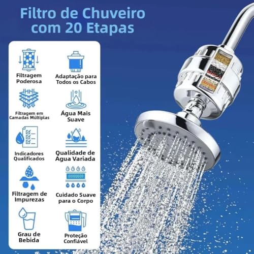 Filtro de Chuveiro 20 Estágios com Carvão Ativado Remove Cloro Metais Pesados Cromado