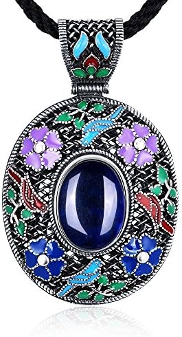 ゴージャスなジュエリーヴィンテージ彫刻花楕円ブルー宝石の銅メッキシルバーネックレス