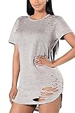 Menglihua Womens Round Neck Short Sleeve Ripped Broken Hole Loose T Shirt Top Blouse Gray X-Large