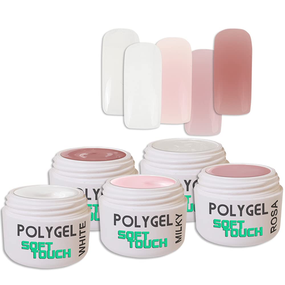 *AcrylGel PolyGel Soft Touch Basic Set* - UV/LED - (New Formula, Soft Creamy!!)) Also Suitable for Beginners 5 x 5 ml Clear, White, Pink, Nude, Milky