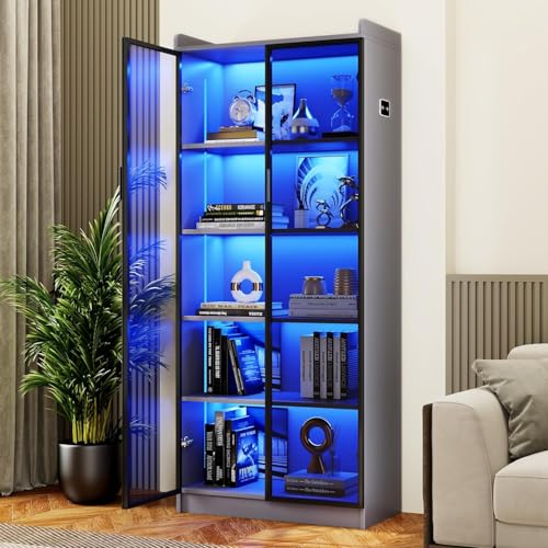 Storage Cabinet with Doors Adjustable Shelves - 65" White Tall Kitchen Pantry Organizer with Metal Handle/LED Lights/Human Sensor - 5 Tier Display Bookcase for Bedroom Living Room Office (A-Grey)