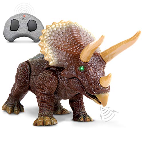 Discovery Kids RC Triceratops, LED Infrared Remote Control Dinosaur, Built-in Speakers W/ Digital Sound Effects, 8.75 Inches Long, Includes Glowing Eyes, Life-Like Motion, A Great Toy for Girls/Boy