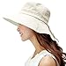 Packable Summer Flap Cover Cap Cotton UPF 50+ Sun Shade Hat with Neck Cord Wide Brim for Women Beige Medium 56-57cm