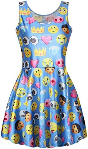Xsen Emoji Cartoon Smiling Face Printed Digital Dresses Flare Pleated Dresses, Blue, size S