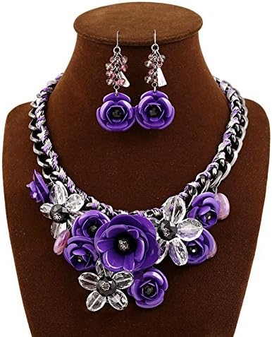 JewelryLove Luxury Fashion Jewelry Sets For Women Evening Party African Beads Jewelry Set Suspension Crystal Flower Earring Necklace Set (Purple)