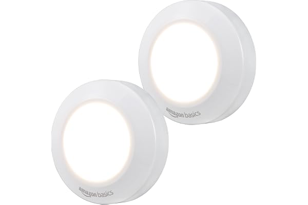 Amazon Basics LED Puck Lights, Battery Operated, 50 Lumens 2 Pack, Tap Light, Stick on Lights, Under Cabinet Lighting, Ideal