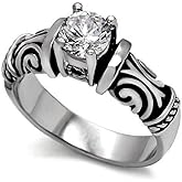 Tribal Celtic Design Round Solitaire 1.5 Carat Cubic Zirconia CZ Engagement Ring, Hypoallergenic Antiqued Silver 316L Stainless Steel Band