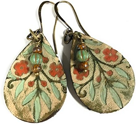 HandmadeFloral Leaf Teardrop Boho Leather Earrings with Beaded Drop - Pick your flower color Gift Idea for Women