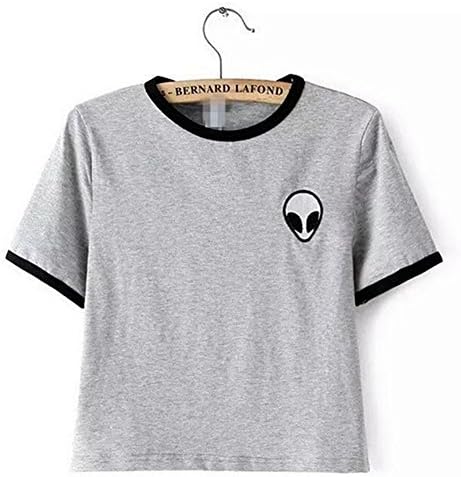 Blogger Striped ET Teen Girls Alien Crop Top Slim Tees Short Sleeve T-shirt (XL(US14-16), Gray)