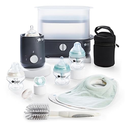 Tommee Tippee Complete Feeding Set, Electric Steam Steriliser with Insulated Bottle Bag, Newborn Self-Sterilising Baby Bottles and Easiwarm Bottle Warmer, Black