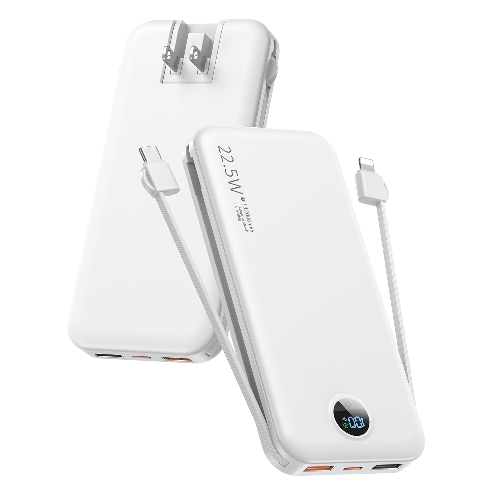 Photo 1 of Portable Phone Charger, 12000mAh 22.5W Fast Charging Power Bank with Built-in Cables & Wall Plug, External Battery Bank with LED Display, Travel Essential Battery Pack for iPhone, iPad, Samsung White