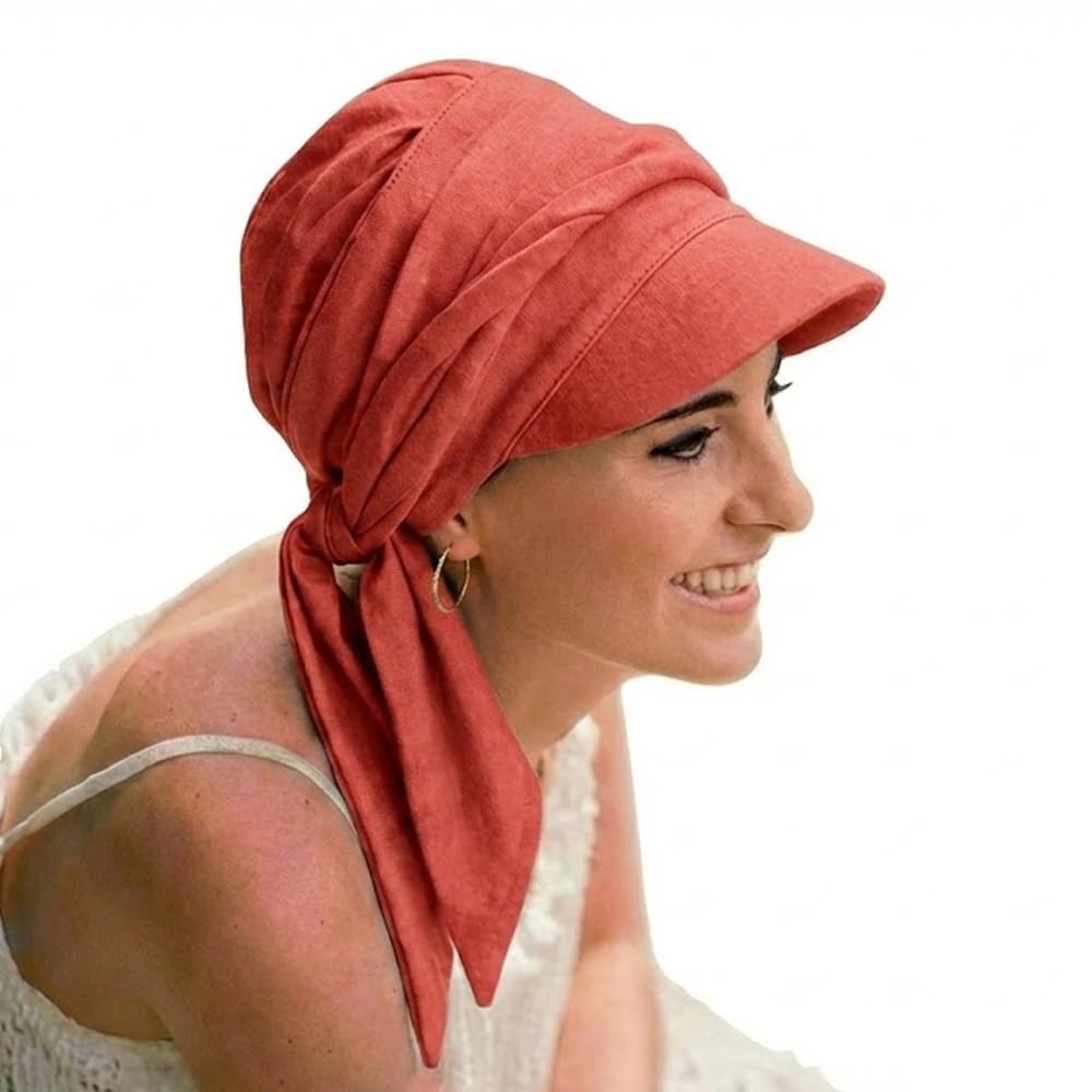 CAREBELL Amalfi Cap with long ribbons for Alopecia, Hair Loss, Cancer in Bamboo Fabric (Coral 37)
