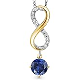 Gem Stone King 925 Silver and 10K Yellow Gold Blue Created Sapphire and Lab Grown Diamond Pendant Necklace for Women | 2.08 Cttw | Gemstone September Birthstone | Round 6MM | With 18 Inch Silver Chain