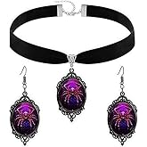 Gothic Spider Necklace Earring Set for Women Vintage Black Velvet Choker Necklace Goth Victorian Spider Cameo Pendant Necklace Dark Style Crystal Insect Drop Dangle Earring Mystic Halloween Party Jewelry