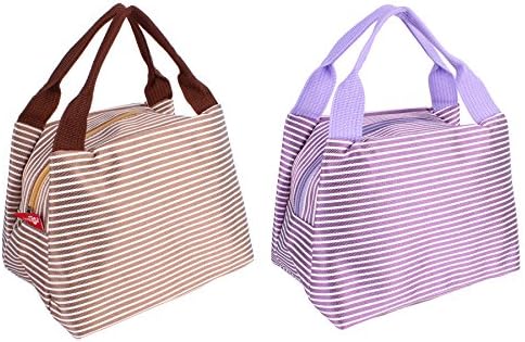 Striped Lunch Bag,Goodidus 2PCS Oxford Cloth Lovely Lunch Bag Bento Lunch Box Package(Purple&amp;Brown)