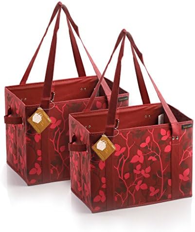 PreserveNext Reusable Classic Tote / Collapsible Shopping Box Set with Reinforced Bottom, Side Handles and Key Ring Clasp - Carnelian Red (2 Pack)