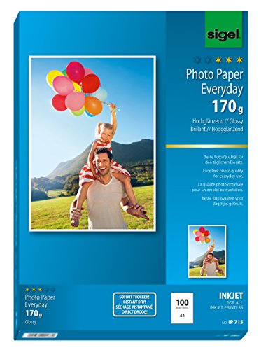 SIGEL IP715 InkJet Fotopapier hochglänzend, weiß, 170 g, A4, 100 Blatt, für hochwertige Fotografien, exzellente Detailschärfe, sofort trocken und wischfest