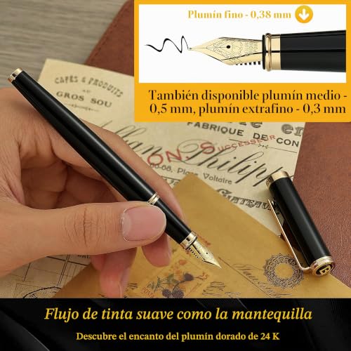 BEILUNER Luxury Fountain Pen, Piano Lacquer with 24K Gold Finish, Reliable Gift with Converter for Him and Her, Elegant Pen - Black and Gold, Fine Nib