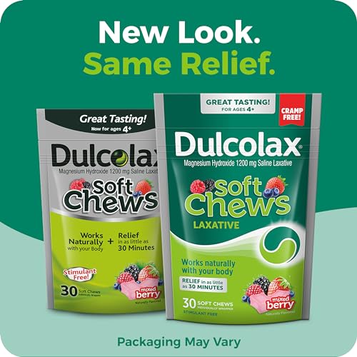 DULCOLAX SALINE LAXATIVE SOFT CHEWS, FAST-ACTING LAXATIVE, GENTLE CONSTIPATION RELIEF, MIXED BERRY FLAVOR, MAGNESIUM HYDROXIDE 1200 MG, 30 COUNT, OCCASIONAL CONSTIPATION.
