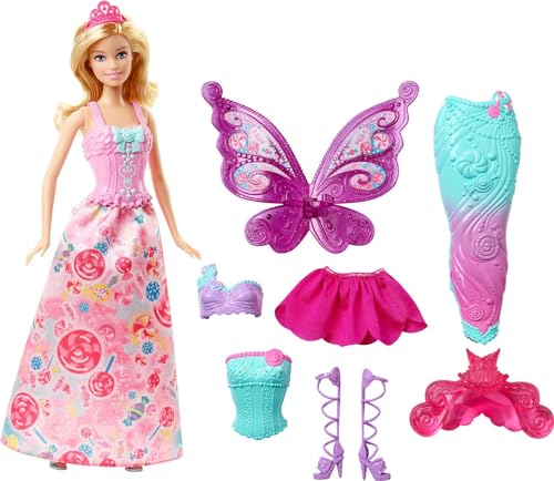 Barbie Doll with 3 Fantasy Outfits & Accessories, Including Mermaid Tail & Fairy Wings, Candy Theme (Amazon Exclusive)