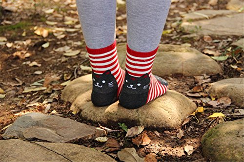 AnVei-Nao Womens Girls Stripe Cute Cat Cotton Soft Pattern Crew Socks 6 Pairs 3D