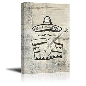 Canvas Print Wall Art - Mexican Elements with Sombrero and Guitar - Gallery Wrap Modern Home Art | Ready to Hang - 12x18 inches