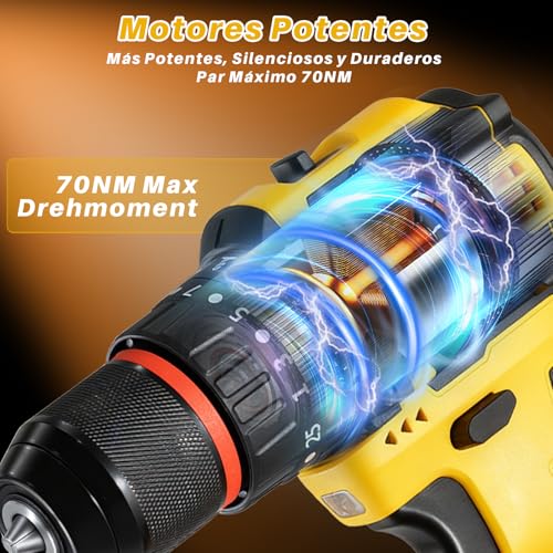 Brushless Drill Driver Battery, 21 V Percussion Drill, 70 Nm Max with 2 Batteries 2.0 Ah, 25 + 3 Pairs, 2 Speeds, LED Light, Electric Screwdriver for Screwing and Drilling Wood, Plastic and Metal