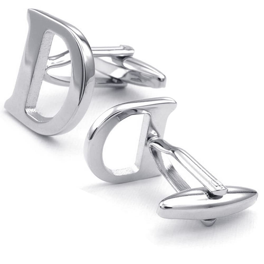 HONEY BEAR Mens Initial Alphabet Letter Silver White Steel Wedding Formal Business Cufflinks (D)