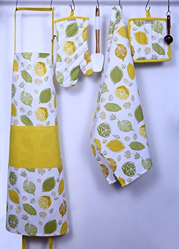 Set of Apron, Oven Mitt, Pot Holder, Pair of Kitchen Towels in a Unique Citrus Splash Design, Made of 100% Cotton, Eco-Friendly & Safe, Value Pack and Ideal Gift Set, Kitchen Linen Set By CASA DECORS - Thumbnail 2