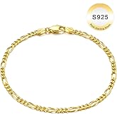 IEFWELL 14K-Real-Gold-Over S925 Sterling Silver Figaro Chain Bracelet for Women, 3mm Sterling Silver/Gold Figaro Link Chain Bracelet Sturdy Women Chain Bracelets, 6.5/7/7.5/8/8.5/9 Inches Jewelry Gift